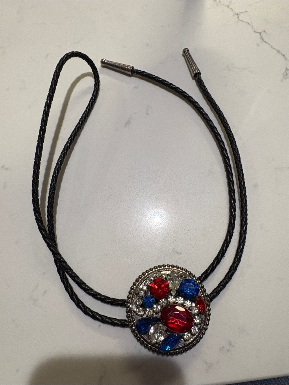 Crystal Bolo Tie Necklace with Red and Blue Gemstones - Picture 4 of 5